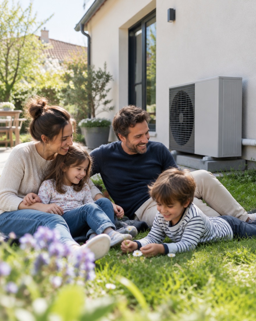 Une famille installée dans son jardin, devant l'unité extérieure d'une pompe à chaleur air-eau fixée au mur de la maison.